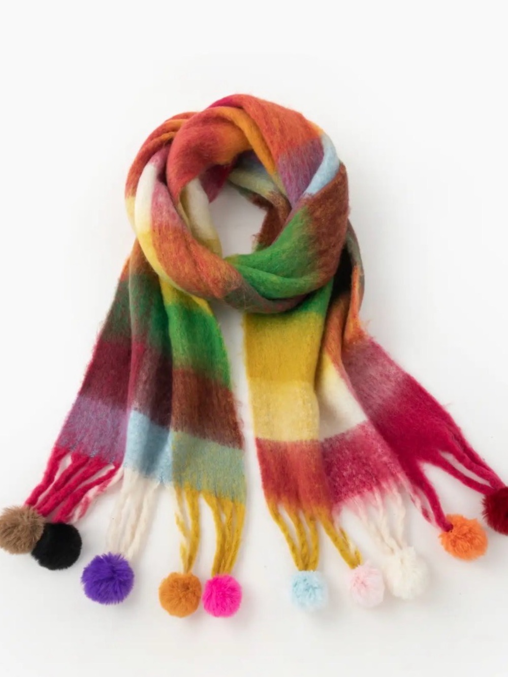 By Cider - Multicolored Oversized Checked w/ Pom-Po. Ball Tassel Plaid Scarf NWT